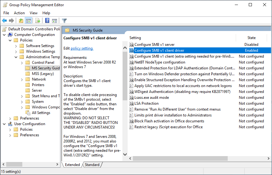 Disable SMBv1 throug GPO