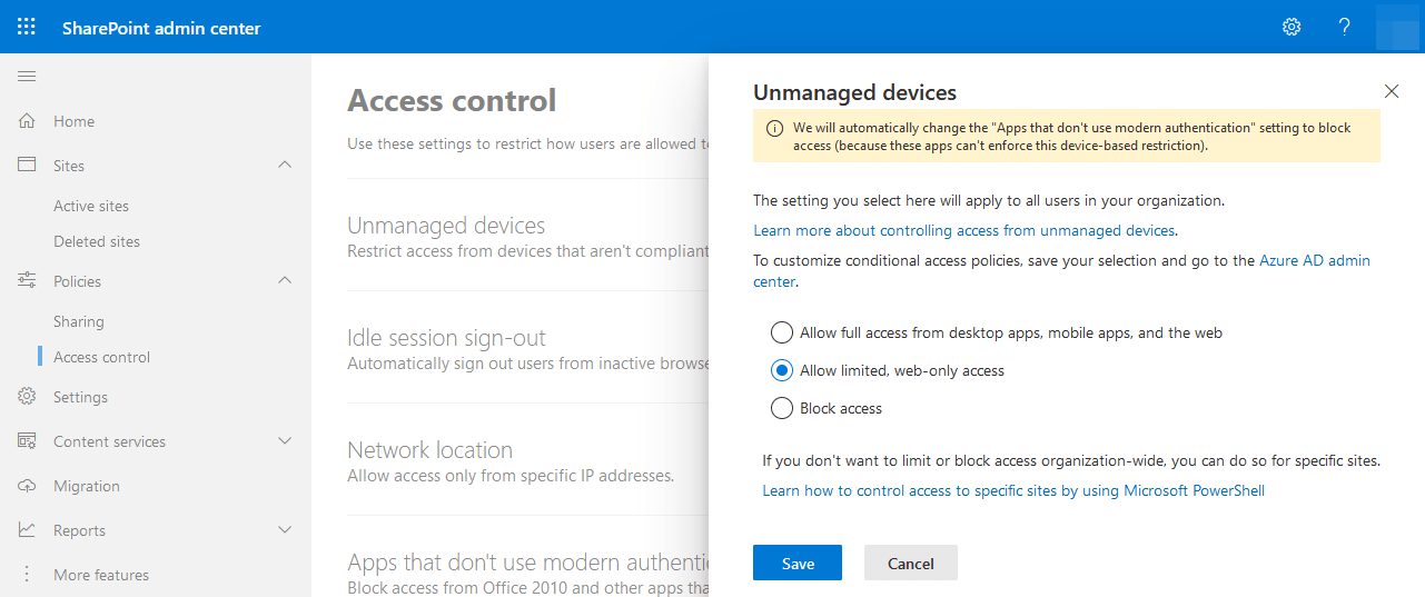 Sharepoint Online Unmanaged Devices web-only